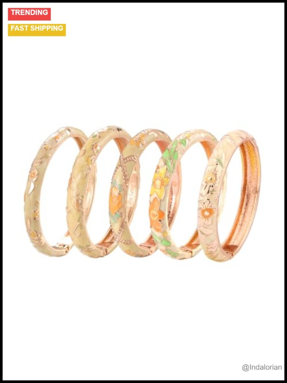 Enamel Bangle Bracelets Set of 5 Rose Floral Engraved Cloisonne Gold Plated